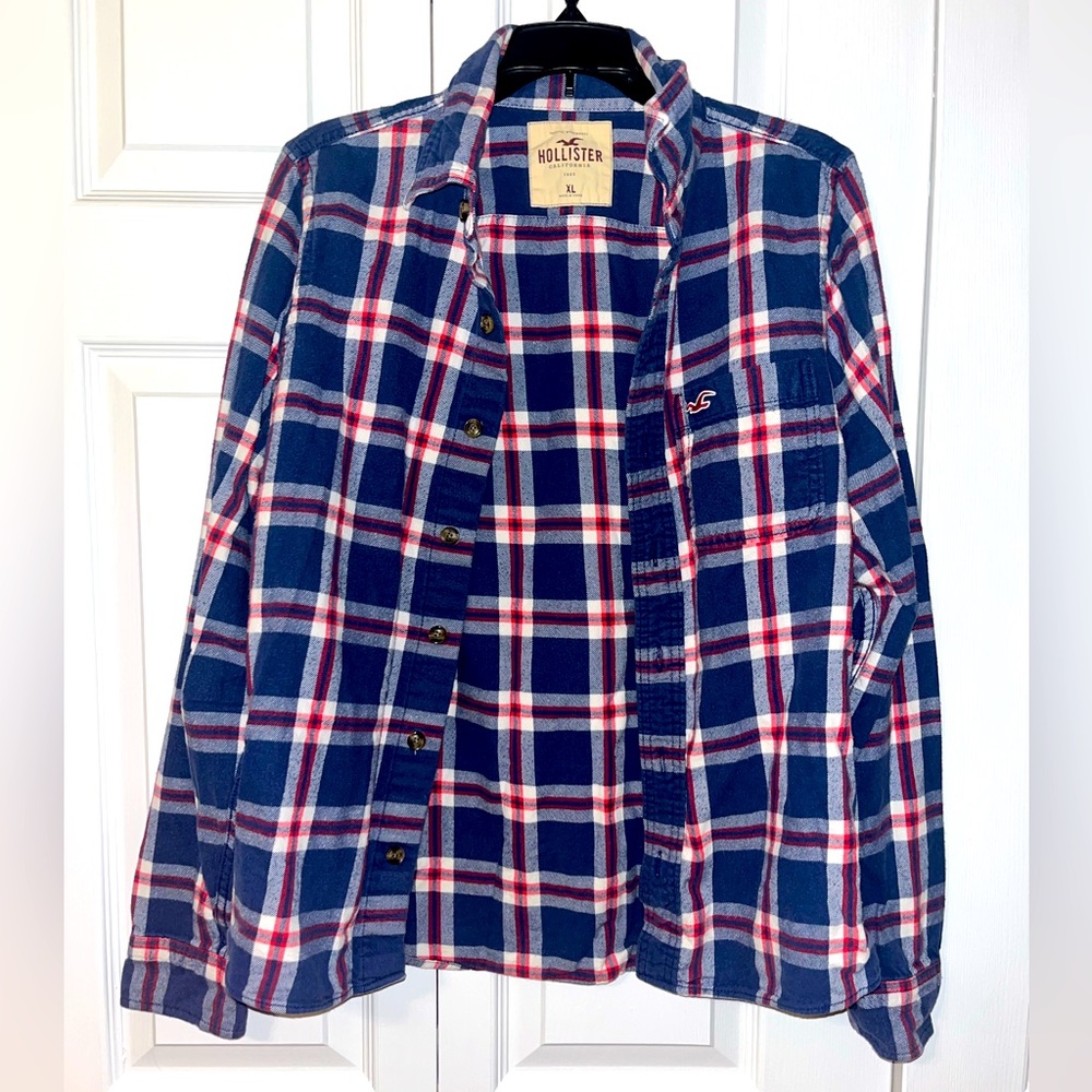 Hollister red, white and blue flannel button up shirt